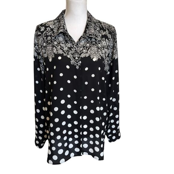 Chico's Blouse Shirt Top Size 3 XL 16/18 Black White Polka Dot Floral Button Up - Picture 1 of 11